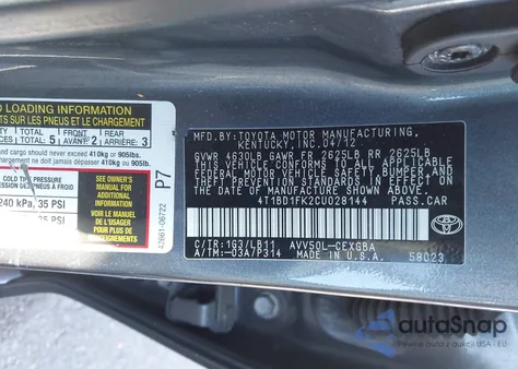 2012 Toyota Camry Hybrid Xle from USA, damaged, VIN 4T1BD1FK2CU028144